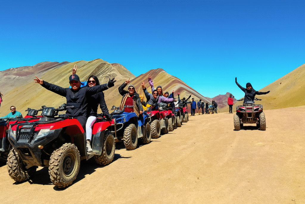 Tourists enjoying the Rainbow Mountain ATV experience with Pacha Perú Explorers