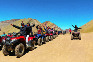 Tourists enjoying the Rainbow Mountain ATV experience with Pacha Perú Explorers
