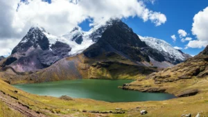 Panoramic view of the turquoise lakes during the Ausangate 7 Lakes Day Hike near Cusco Peru