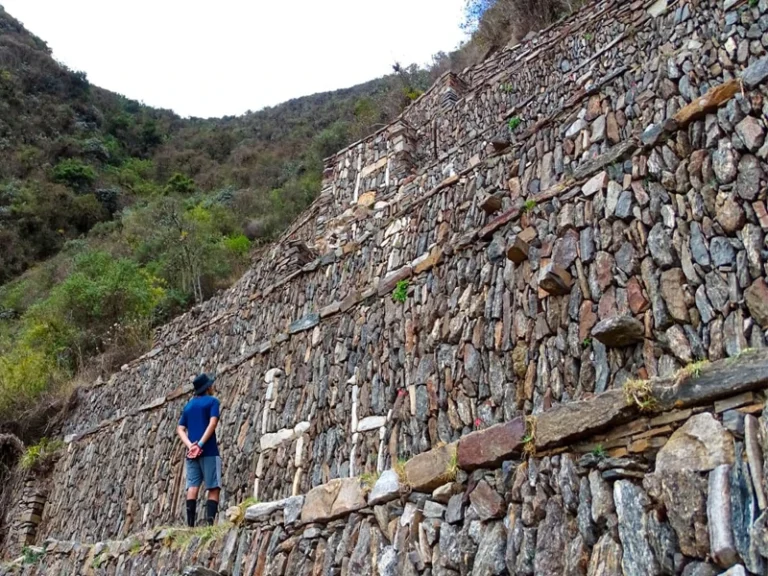 Trekker standing beside the Inca stone terraces of Choquequirao during the 4-day trek in Cusco, Peru.