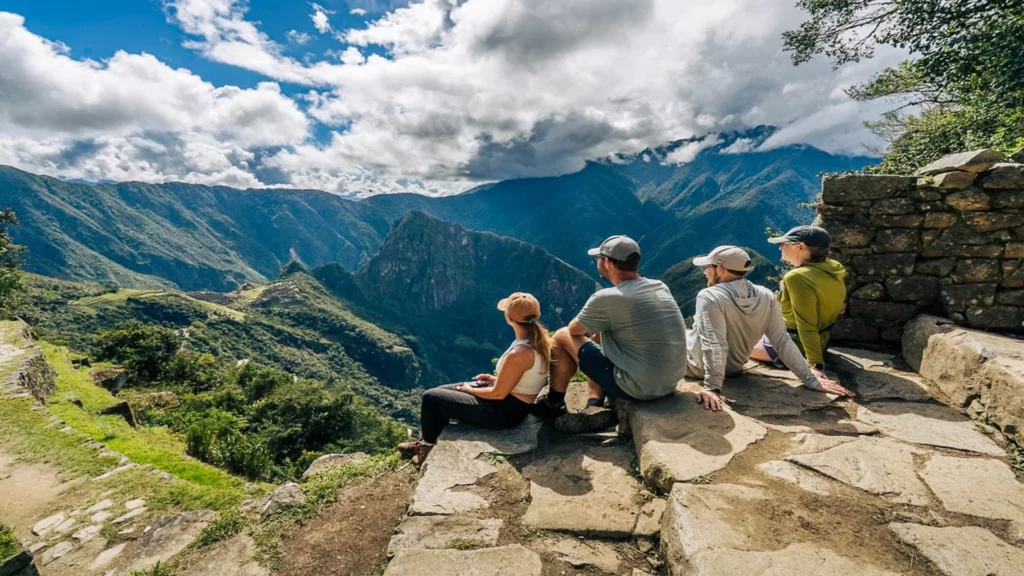 Hikers arriving at Inti Punku, the Sun Gate, on the Inca Trail One Day hike to Machu Picchu
