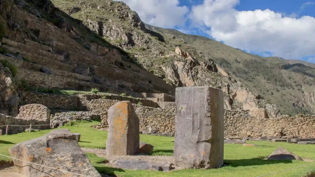 Ancient Inca stone structure at Intipunku near Ollantaytambo in Cusco, Peru.