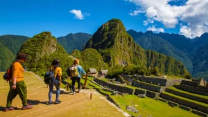 Group of travelers exploring Machu Picchu during a guided tour