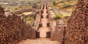 Ancient Wari stone corridors at Pikillaqta archaeological site in South Valley Cusco Peru