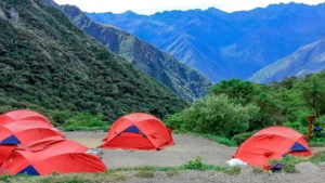 Campsite at sunset during the Short Inca Trail 2 Days with Camping tour.