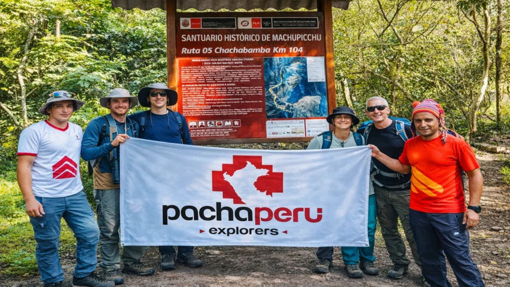 Hikers at Km 104 entrance of the Short Inca Trail to Machu Picchu with Pacha Peru Explorers