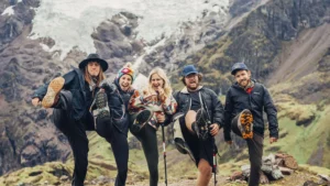 Inca stone ruins near a waterfall on the hiking route to Machu Picchu
