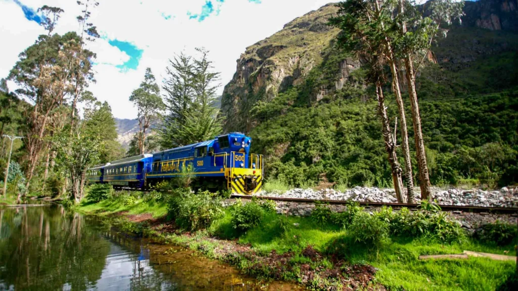 Train traveling through the Sacred Valley on the way to Machu Picchu