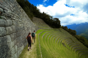 Hikers exploring Wiñay Wayna archaeological site on the Short Inca Trail with Pacha Perú Explorers