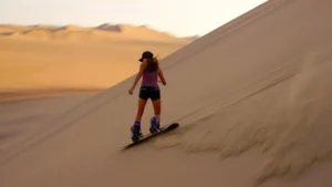 Woman sandboarding down a dune in Huacachina desert in Ica Peru